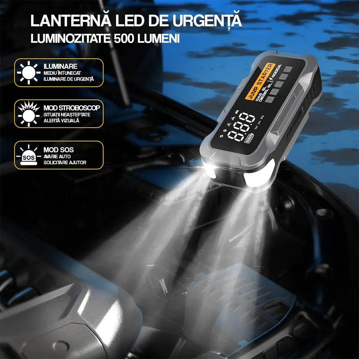 Jump Starter portabil GLIMATECH cu lanternă LED de urgență 500 lumeni, mod stroboscop și SOS pentru situații de avarie auto, negru argintiu