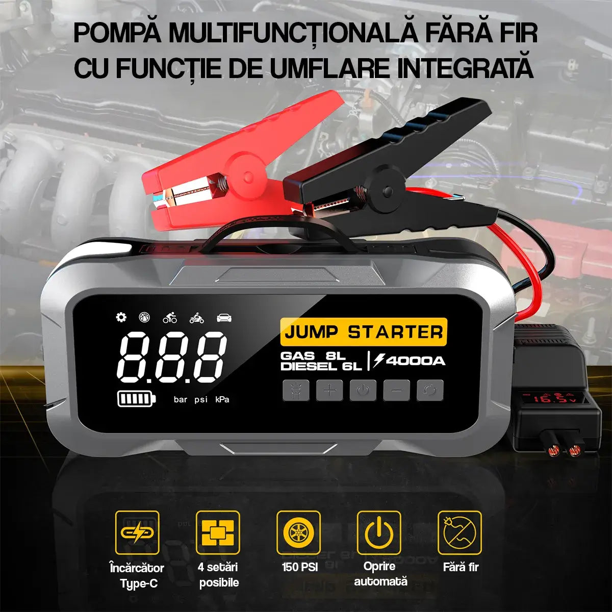 Jump Starter GLIMATECH 4000A cu pompă multifuncțională fără fir, umflare 150 PSI, oprire automată, încărcător Type-C, 4 setări presiune, benzină 8L diesel 6L