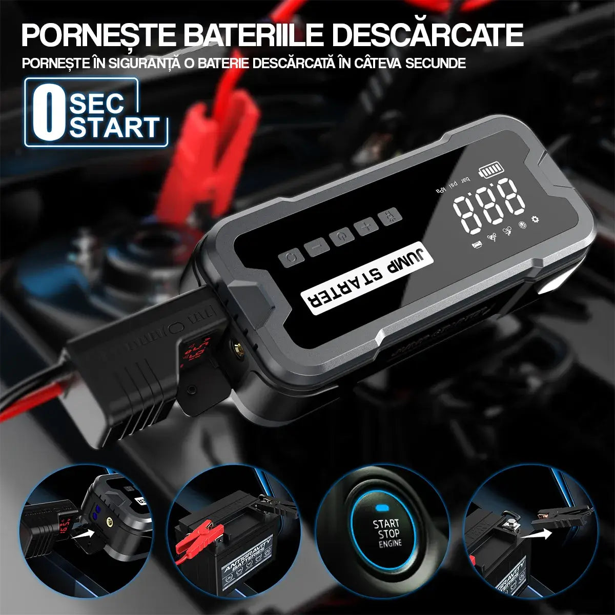 Jump Starter auto portabil GLIMATECH 4000A pornind în siguranță o baterie descărcată în câteva secunde, sistem 0 SEC START, cabluri inteligente