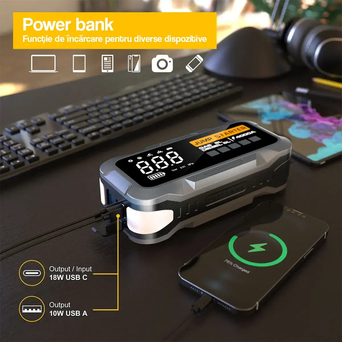 Jump Starter GLIMATECH 4000A cu funcție power bank 24000mAh, ieșire USB-C 18W și USB-A 10W, încarcă telefoane, tablete și laptopuri