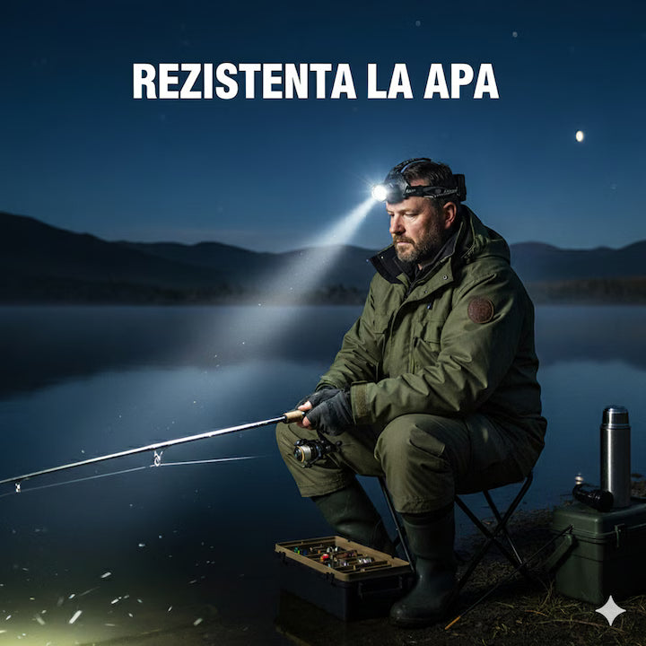 Lanternă de cap LED profesională Glimatech pentru pescuit, 20000 lumeni, cu powerbank integrat, iluminare puternică și durabilă.