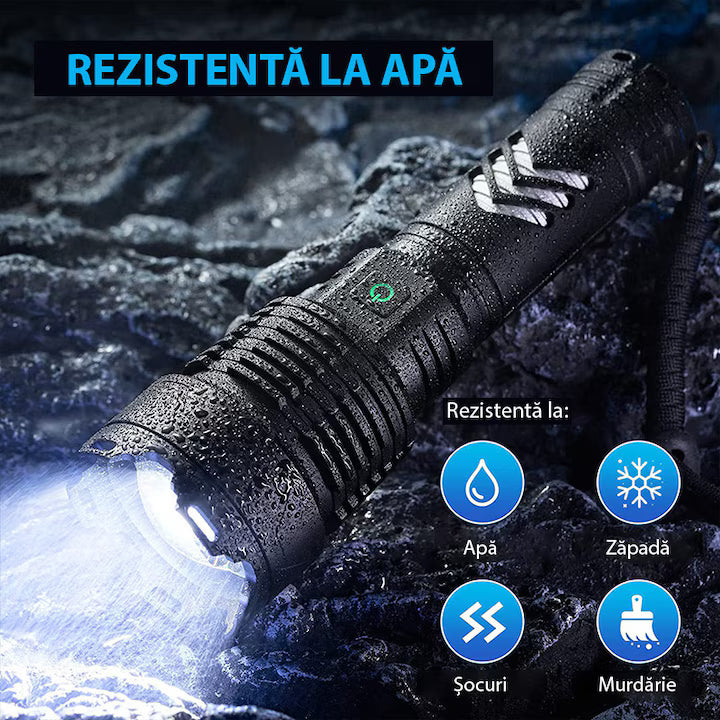 Lanternă LED profesională GLIMATECH 120000 lumeni, reîncărcabilă, rezistentă apă