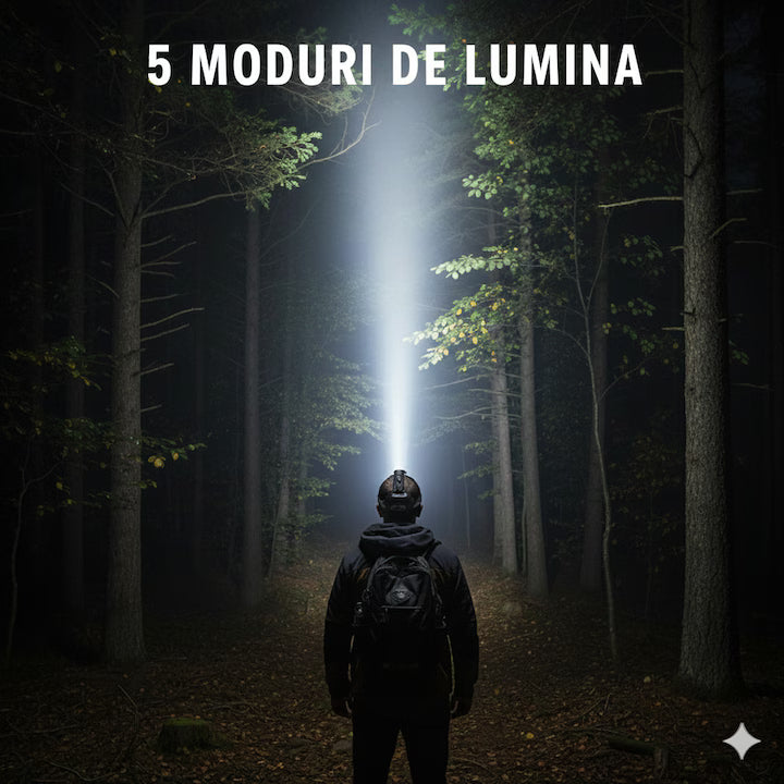 Lanternă de cap LED profesională Glimatech cu moduri de lumină și powerbank, 20000 lumeni, pentru activități în aer liber