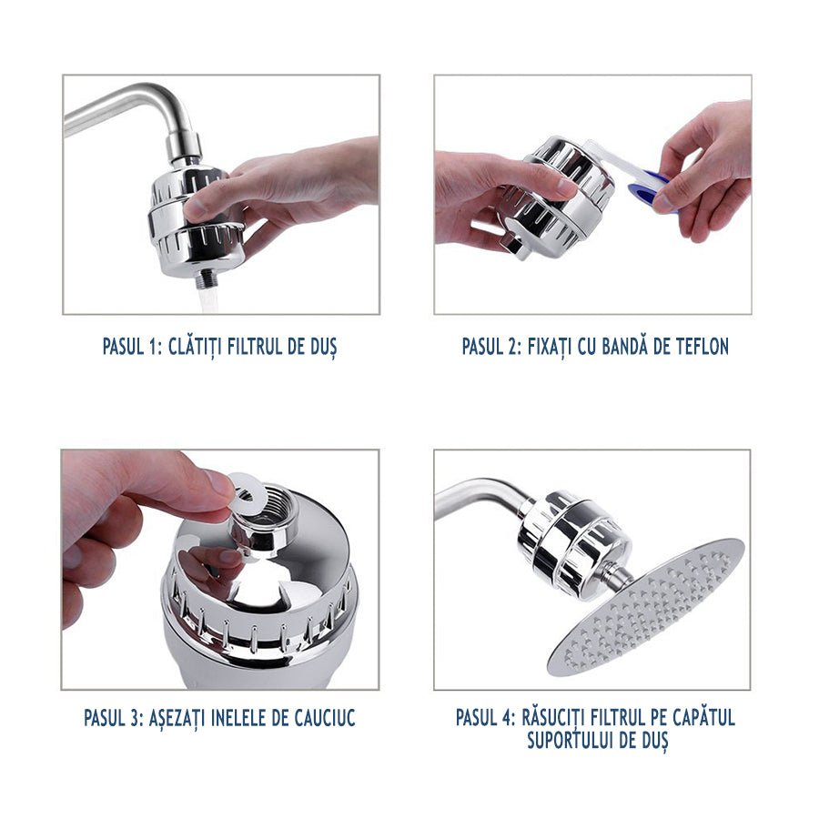 Filtru de apa pentru dus cu 20 de stagii de filtrare GLIMATECH, Elimina impuritatile, metalele, clorul si mirosul neplacut, Infuzie vitamina C, 2 filtre incluse