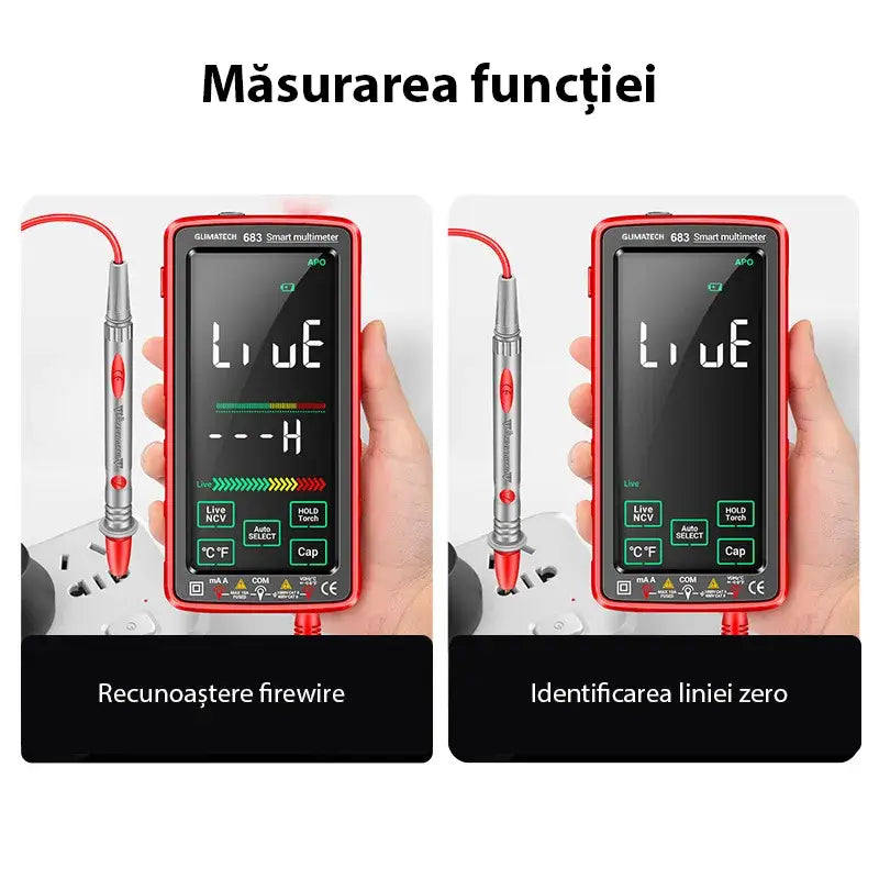 Multimetru digital smart GLIMATECH 683 cu funcții avansate de măsurare: recunoaștere firewire, identificare linie zero și detecție conductori sub tensiune
