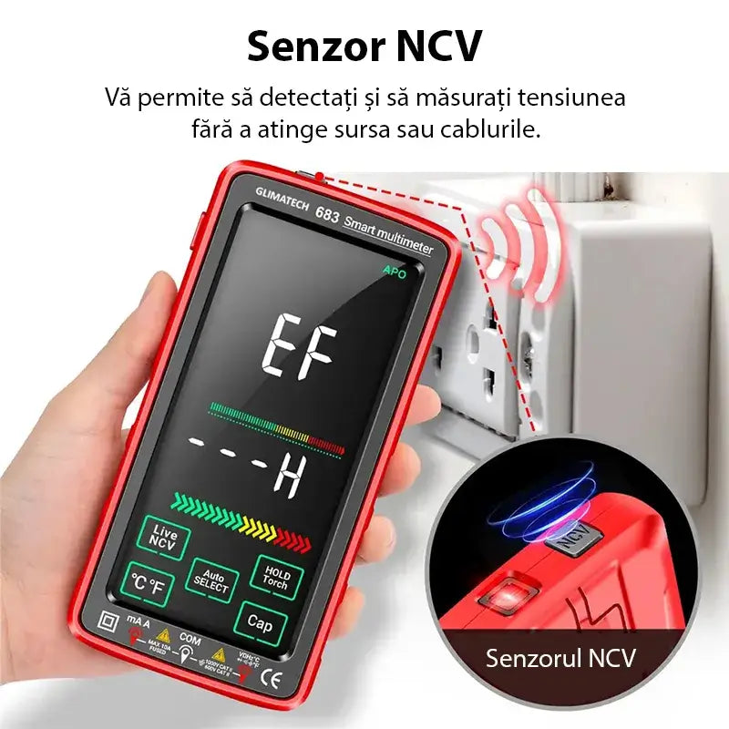 Multimetru digital smart GLIMATECH 683 cu senzor NCV pentru detectare și măsurare tensiune fără contact direct cu sursa sau cablurile