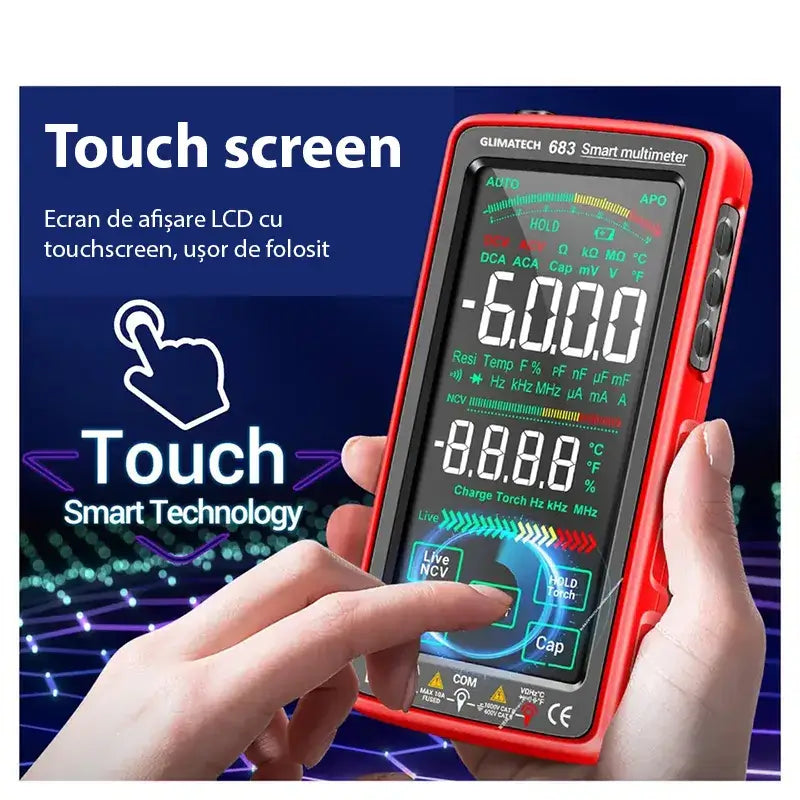 Multimetru digital smart GLIMATECH 683 cu ecran LCD touchscreen, tehnologie Smart Touch, selectare automată gamă măsurare, ușor de folosit