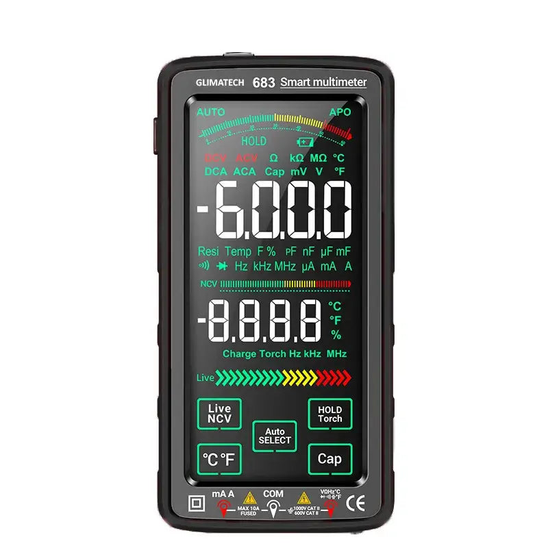 Multimetru digital smart GLIMATECH 683 negru cu touchscreen, ecran LCD color, măsurare automată AC DC rezistență capacitate temperatură NCV