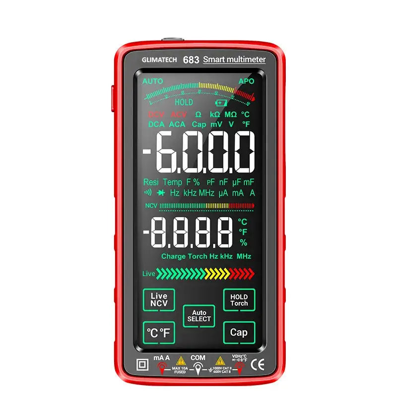 Multimetru digital smart GLIMATECH 683 roșu cu touchscreen, ecran LCD color, măsurare automată AC DC rezistență capacitate temperatură NCV

