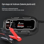 Redresor baterie auto inteligent 2A cu 8 etape de încărcare pentru baterii plumb-acid, AGM, GEL și lithium, încărcare sigură repetată 6V 12V