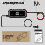 Conținut pachet redresor baterie auto inteligent 2A: încărcător BYGD 6853P, clești roșu-negru, cablu alimentare, cutie și manual utilizator
