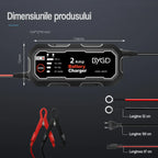 Redresor baterie auto BYGD 2A dimensiuni 154x72x41mm, cablu clești 52cm, cablu alimentare 100cm, cablu extensie 87cm, negru