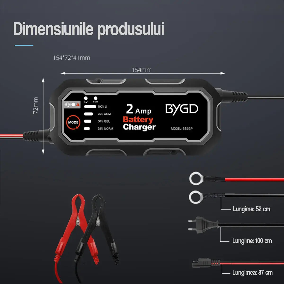 Redresor baterie auto BYGD 2A dimensiuni 154x72x41mm, cablu clești 52cm, cablu alimentare 100cm, cablu extensie 87cm, negru