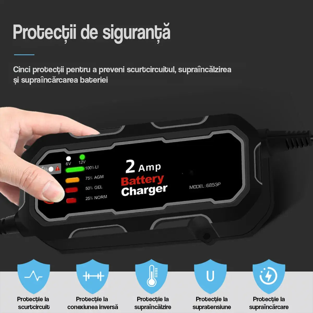 Redresor baterie auto BYGD 2A cu 5 protecții de siguranță: scurtcircuit, conexiune inversă, supraîncălzire, supratensiune și supraîncărcare baterie
