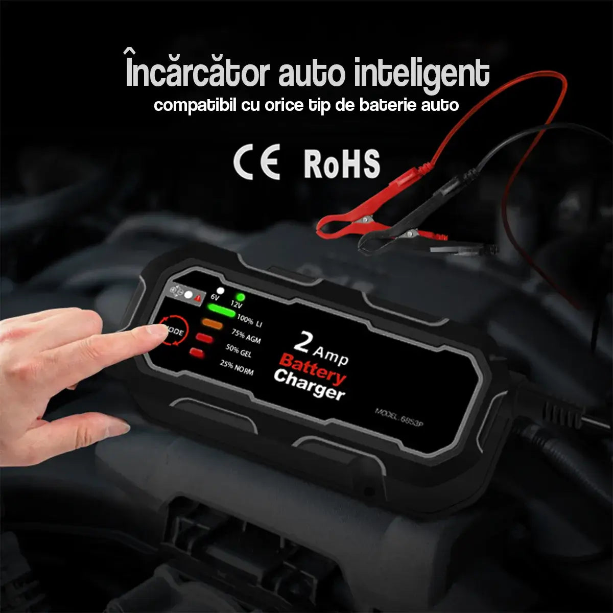Redresor baterie auto inteligent 2A certificat CE RoHS, compatibil cu orice tip de baterie auto 6V 12V, display LED moduri LI AGM GEL NORM
