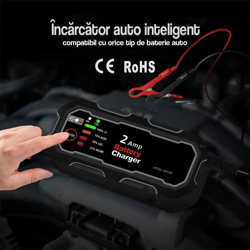 Redresor baterie auto inteligent 2A certificat CE RoHS, compatibil cu orice tip de baterie auto 6V 12V, display LED moduri LI AGM GEL NORM