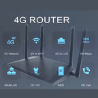 Router wireless Glimatech 4G LTE negru cu 4 antene și slot SIM, viteze de până la 300Mbps, pentru conexiune rapidă și stabilă.