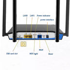 Router wireless Glimatech negru cu 4 antene, LTE 300Mbps, porturi și slot SIM pentru conexiune rapidă și stabilă.