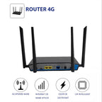 Router wireless Glimatech 4G LTE negru cu 4 antene și slot SIM, dispozitiv pentru internet rapid și stabil.