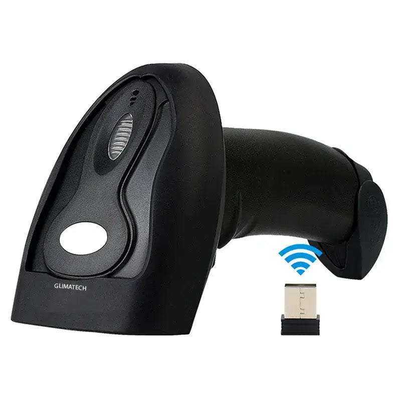 canner coduri de bare GLIMATECH 1D wireless 2.4GHz portabil cu receptor nano USB, acumulator Li-ion 18650 reîncărcabil, negru, vedere laterală