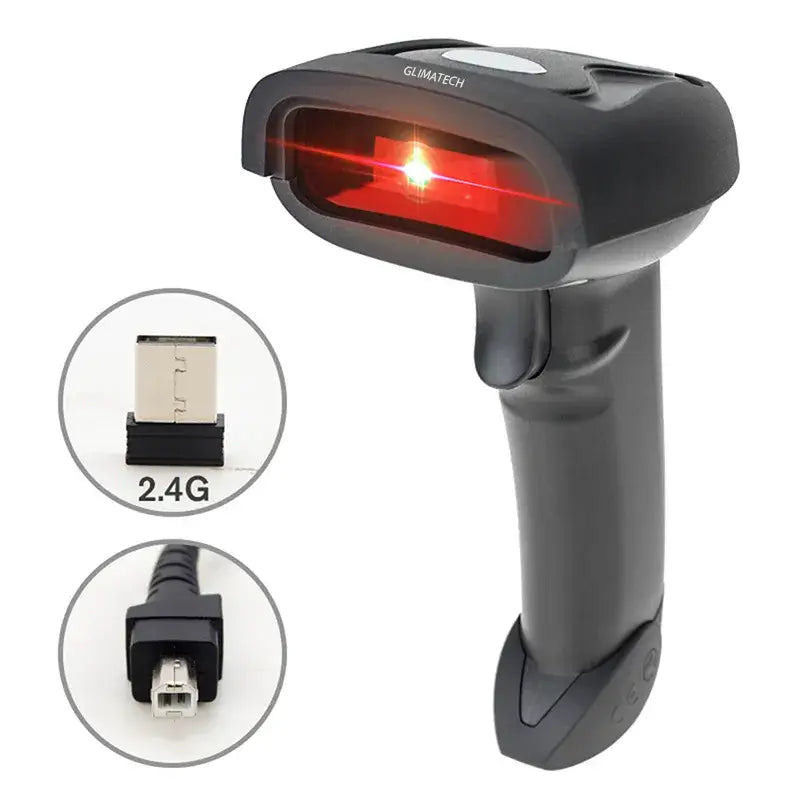 Scanner coduri de bare GLIMATECH wireless 2.4GHz portabil cu receptor nano USB inclus, reîncărcabil, negru, vedere laterală