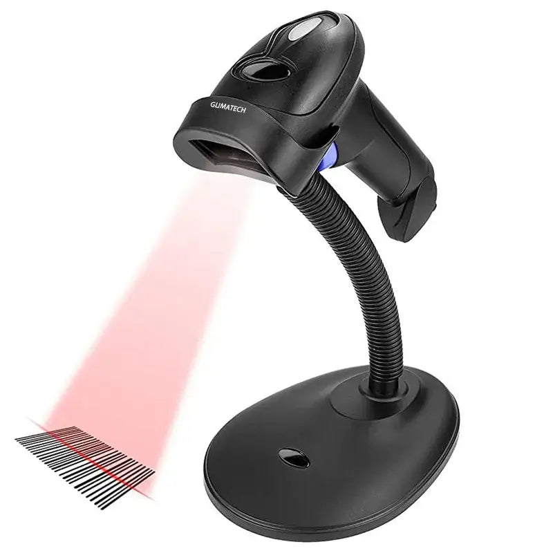 Scanner coduri de bare GLIMATECH 1D wireless laser 2.4GHz pe suport de birou flexibil, scanare rapidă cu fascicul roșu, negru
