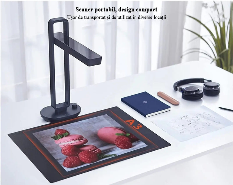 Scanner portabil GLIMATECH negru, scanare format A3, design compact, aplicație dedicată smartphone Android și iOS, mare viteză