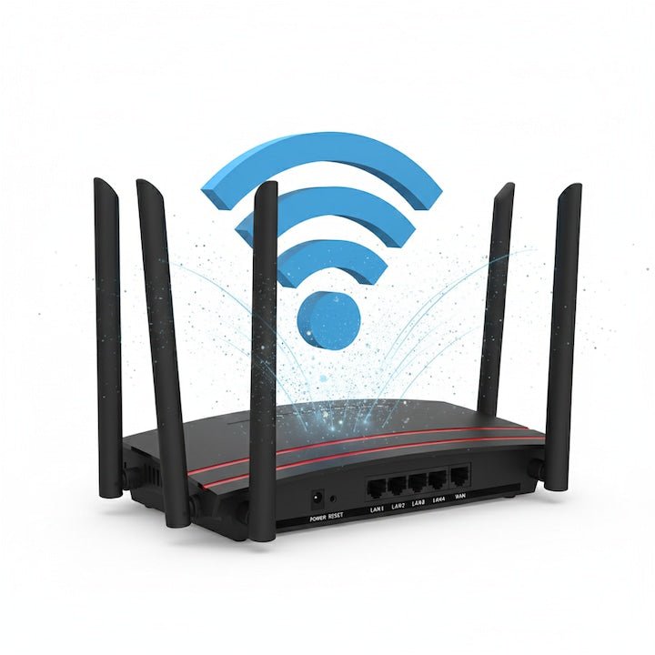 Router wireless Glimatech AX3000 dual band cu 6 antene și semnal puternic, viteza de până la 1200Mbps.