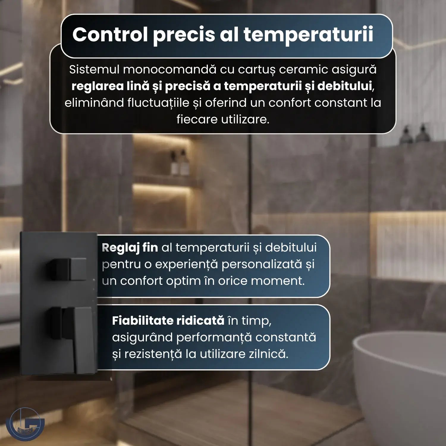 Set duș premium Glimatech incastrat negru cu cartuș ceramic, control precis al temperaturii și debitului, monocomandă fiabilă