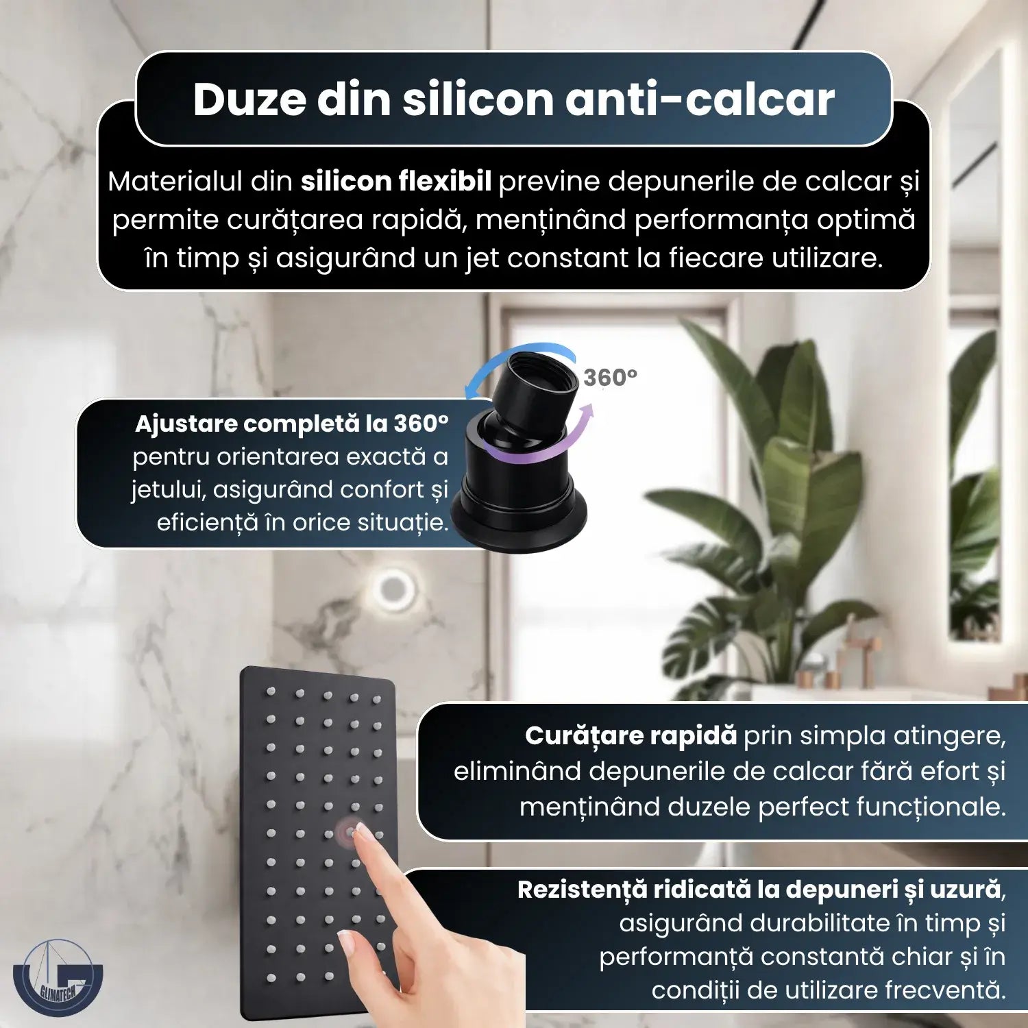 Set duș premium Glimatech negru cu duze din silicon anti-calcar, ajustare 360 grade și curățare rapidă prin simplă atingere