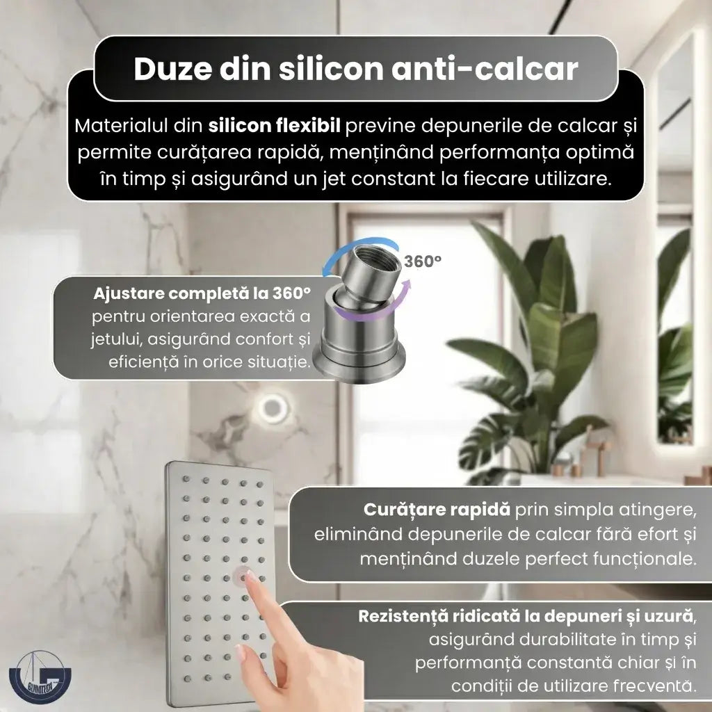 Set duș premium GLIMATECH cu duze din silicon anti-calcar, ajustare 360 grade, curățare rapidă prin atingere, rezistență ridicată la depuneri și uzură