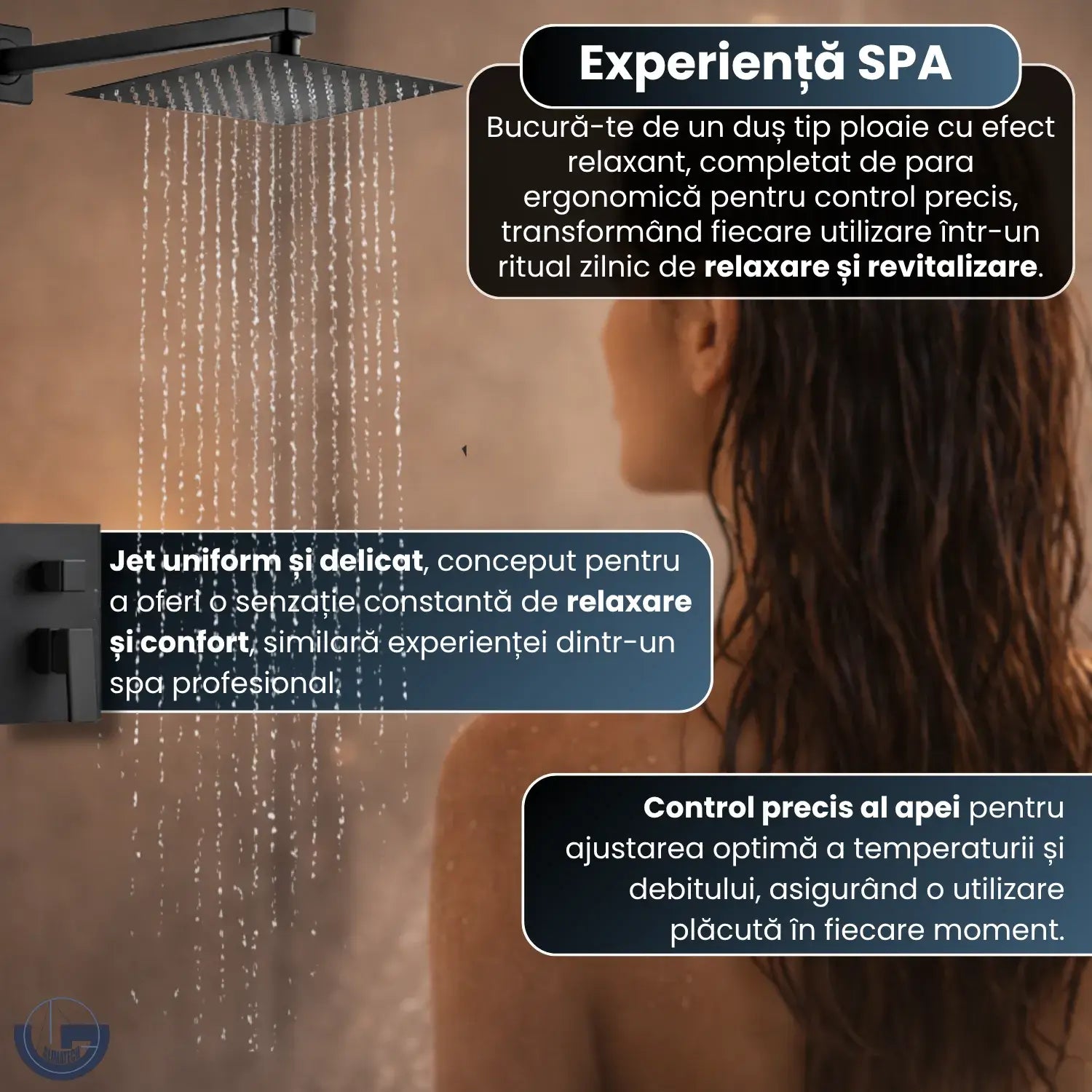 Set duș premium Glimatech incastrat negru cu cap pătrat efect ploaie, experiență SPA, jet uniform și delicat, relaxare zilnică