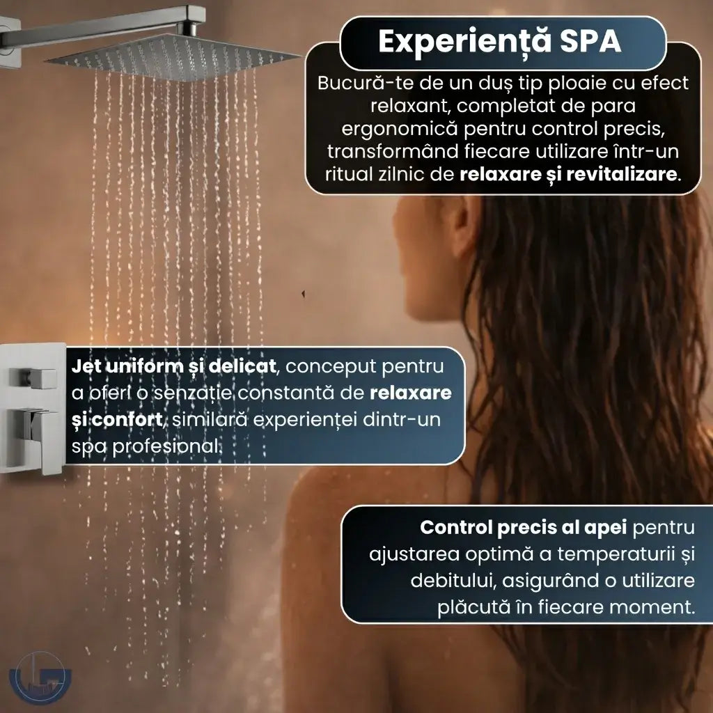 Set duș incastrat GLIMATECH cu cap pătrat efect ploaie, experiență SPA relaxantă, control precis temperatură și debit, finisaj oțel inoxidabil