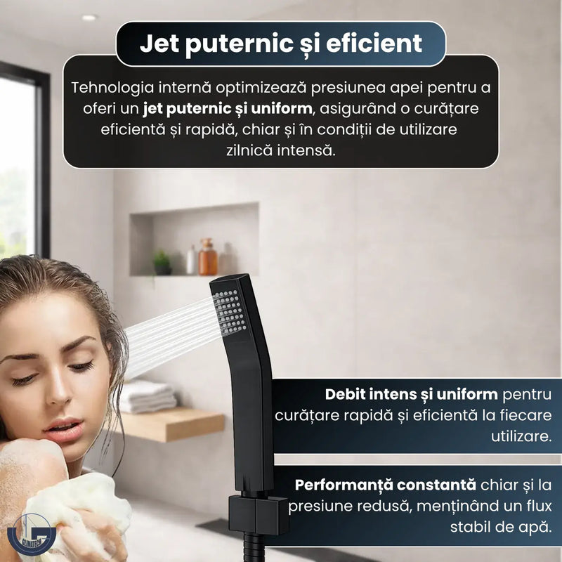 Set duș premium Glimatech negru cu pară ergonomică, jet puternic și uniform, presiune optimizată și debit constant la utilizare intensă