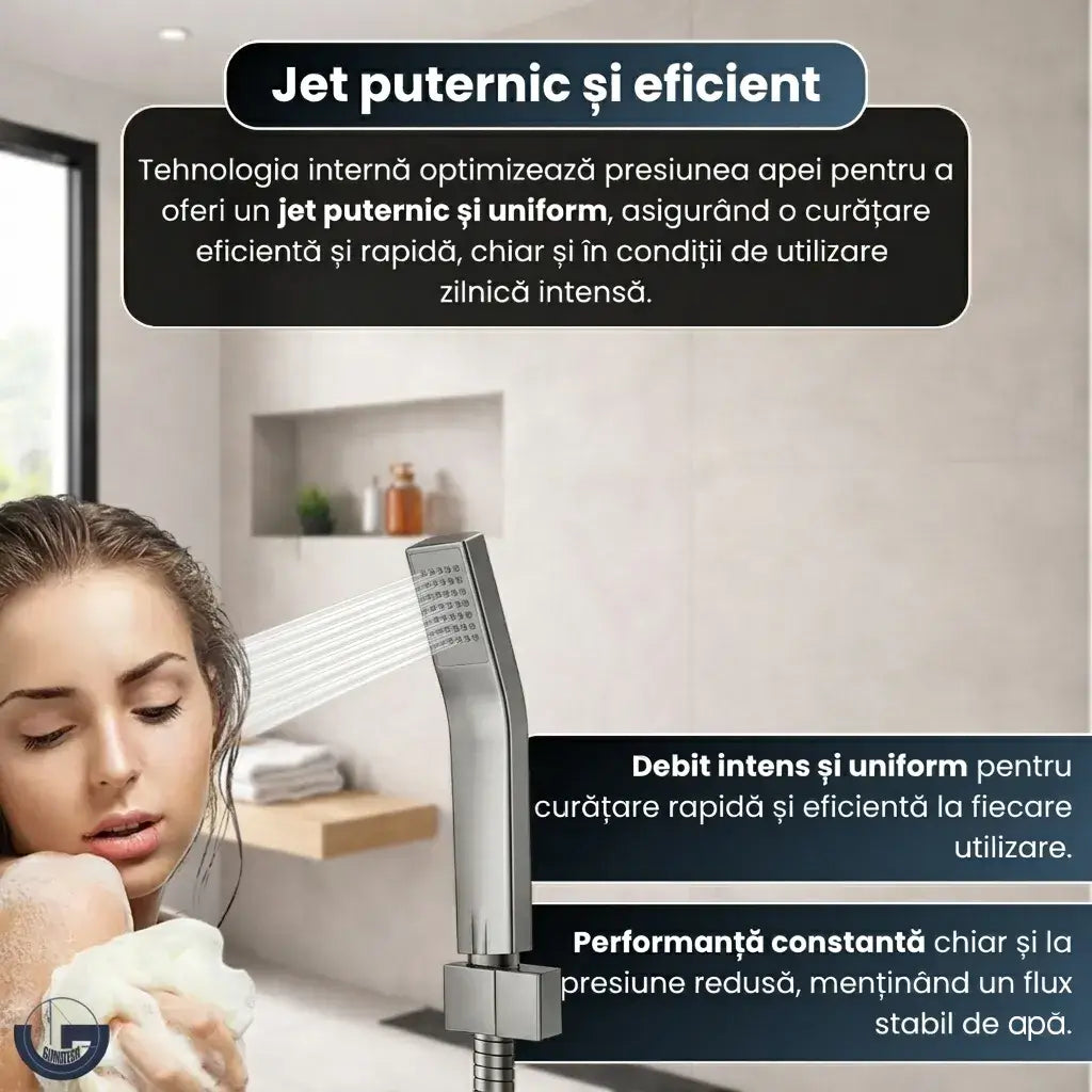 Set de duș premium GLIMATECH cu jet puternic și uniform, tehnologie optimizare presiune apă, performanță constantă și debit intens pentru curățare eficientă