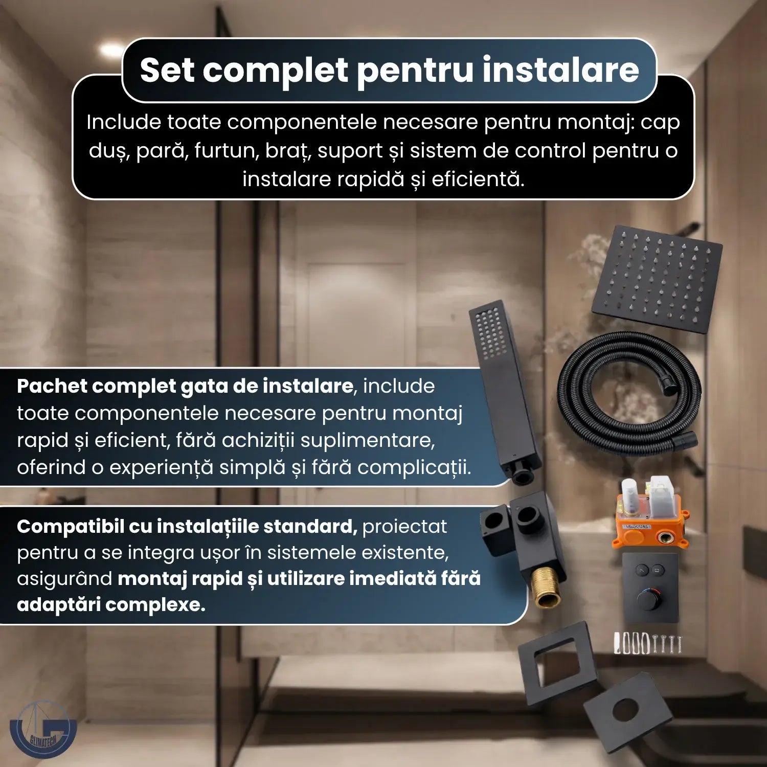 Set duș premium Glimatech incastrat negru mat, pachet complet - cap duș, pară, furtun, braț, suport și sistem control incluse