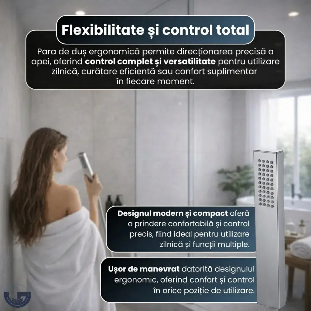 Set duș premium GLIMATECH cu pară ergonomică multifuncțională, flexibilitate și control total, design modern compact, ajustare 360 grade, ușor de manevrat