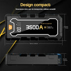 Starter auto portabil GLIMATECH 3500A design compact, dimensiuni 197x92x41mm, ușor de transportat, compatibil benzină și diesel