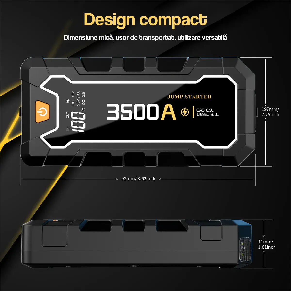 Starter auto portabil GLIMATECH 3500A design compact, dimensiuni 197x92x41mm, ușor de transportat, compatibil benzină și diesel