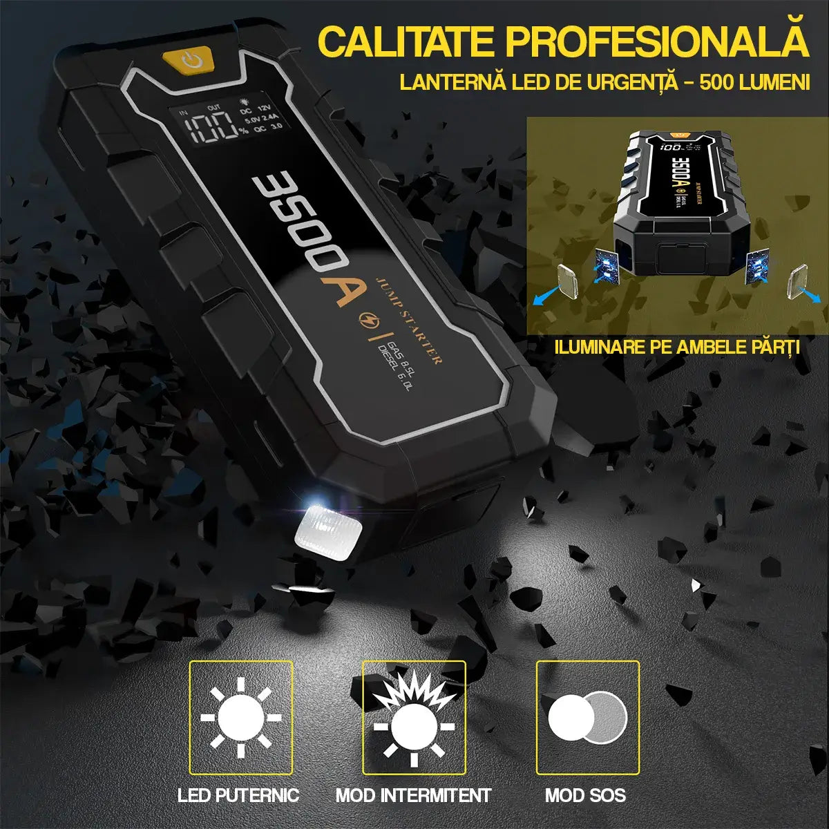 Starter auto GLIMATECH 3500A cu lanternă LED urgență 500 lumeni, iluminare pe ambele părți, mod LED puternic, intermitent și SOS
