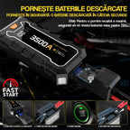 Starter auto portabil GLIMATECH 3500A pornire rapidă Fast Start baterie descărcată în câteva secunde, ghid conectare clești în 4 pași