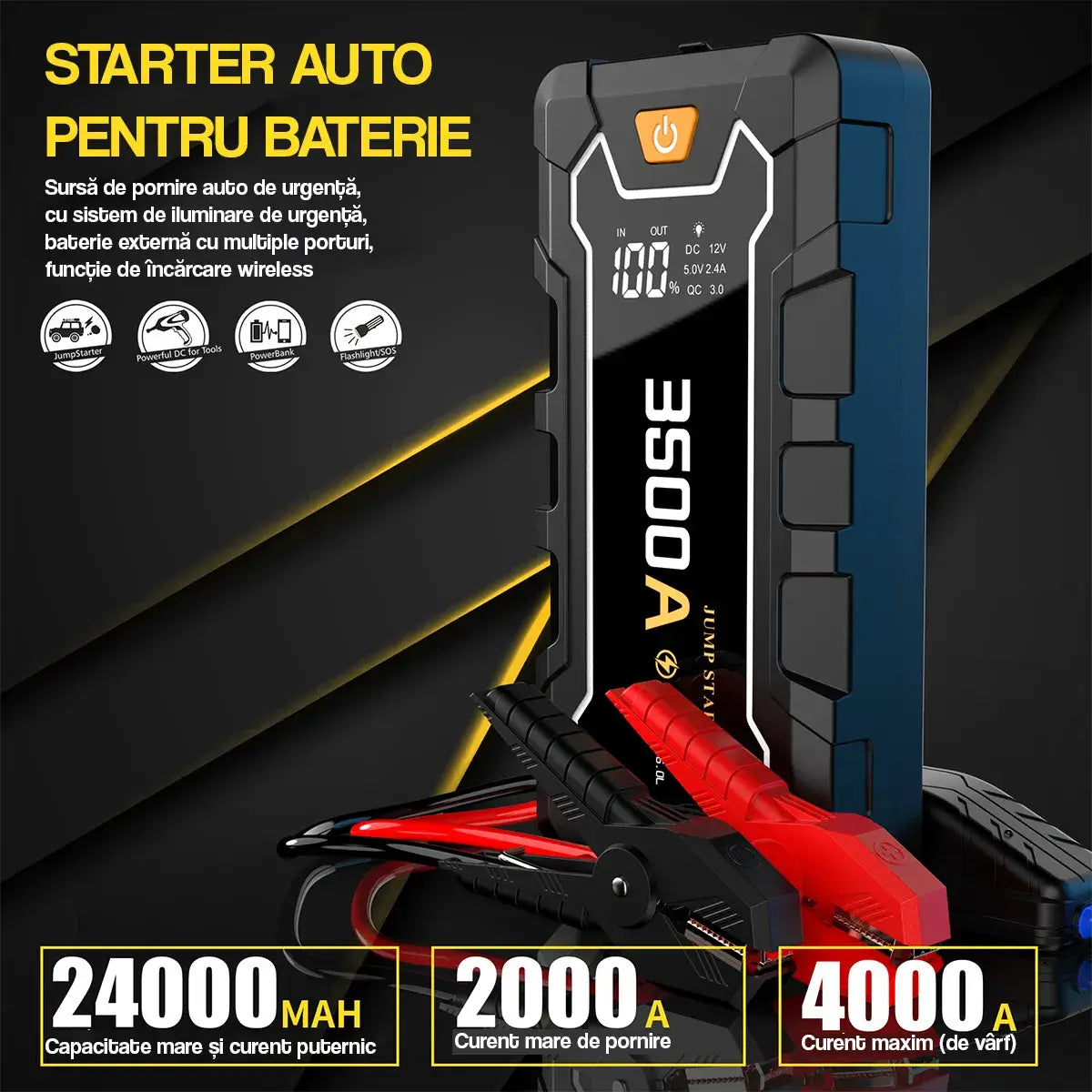 tarter auto portabil GLIMATECH 3500A albastru negru, powerbank 24000mAh, curent pornire 2000A, vârf 4000A, lanternă SOS, încărcare wireless, multiple porturi