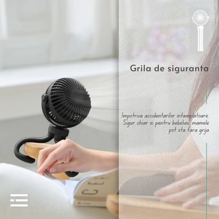 Ventilator portabil GLIMATECH cu grilă de siguranță, sigur pentru bebeluși, fixat pe cărucior cu trepied flexibil, 3 viteze, negru