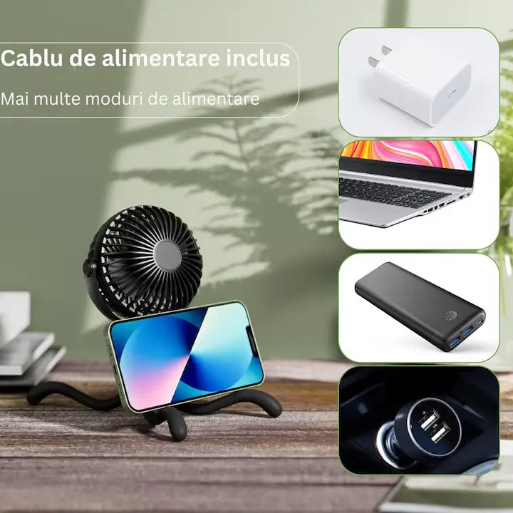 Ventilator portabil GLIMATECH cu cablu de alimentare USB-C inclus, compatibil cu priză, laptop, powerbank și încărcător auto, suport telefon integrat
