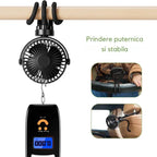 Ventilator portabil GLIMATECH cu trepied flexibil, prindere puternică și stabilă pe bara căruciorului sau tetiera mașinii, negru