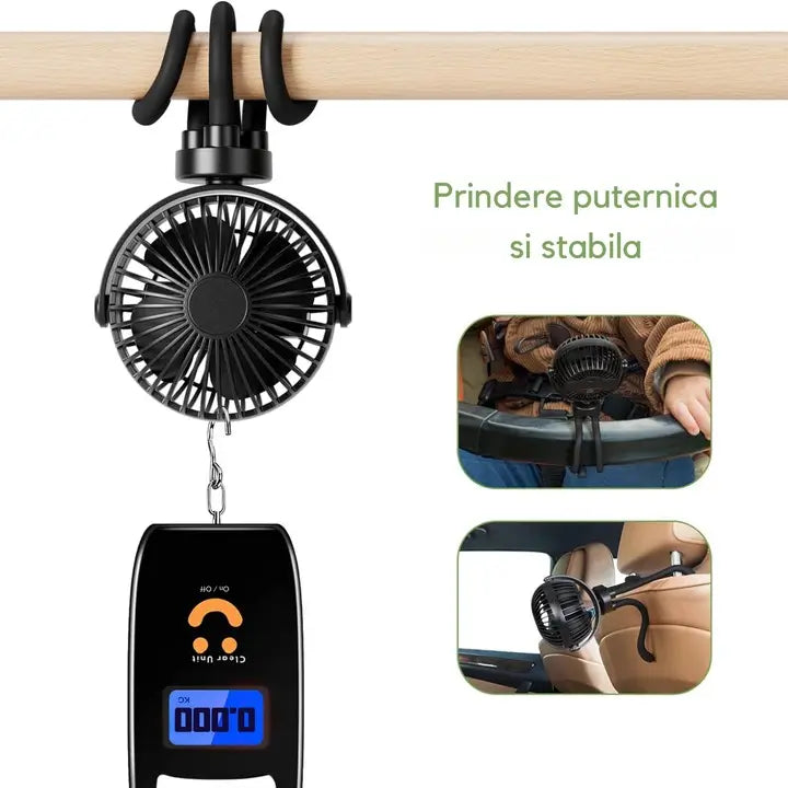 Ventilator portabil GLIMATECH cu trepied flexibil, prindere puternică și stabilă pe bara căruciorului sau tetiera mașinii, negru