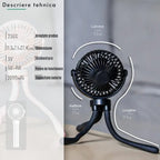 Specificații tehnice ventilator portabil GLIMATECH: greutate 236g, dimensiuni 11.3x7.1x27.4cm, alimentare 5V, putere 1W-4W, acumulator 2000mAh