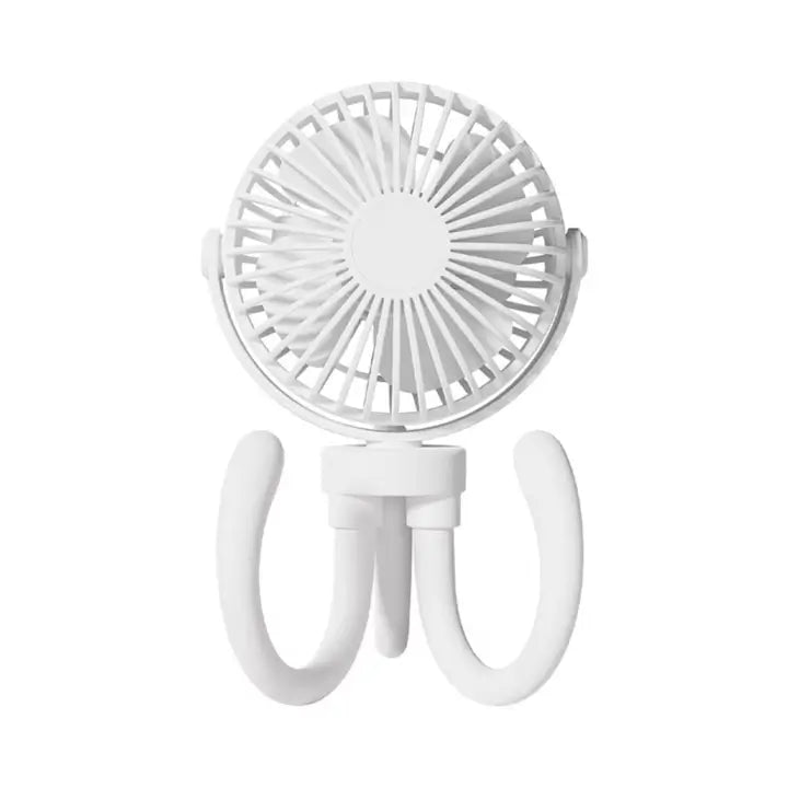 Ventilator portabil GLIMATECH alb cu trepied flexibil, cap rotativ 360 grade, acumulator incorporat, compact, vedere față