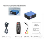 Conținut pachet videoproiector GLIMATECH: proiector, cablu alimentare, telecomandă, cablu AV și manual utilizator