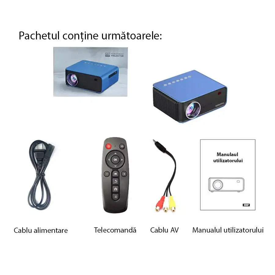 Conținut pachet videoproiector GLIMATECH: proiector, cablu alimentare, telecomandă, cablu AV și manual utilizator